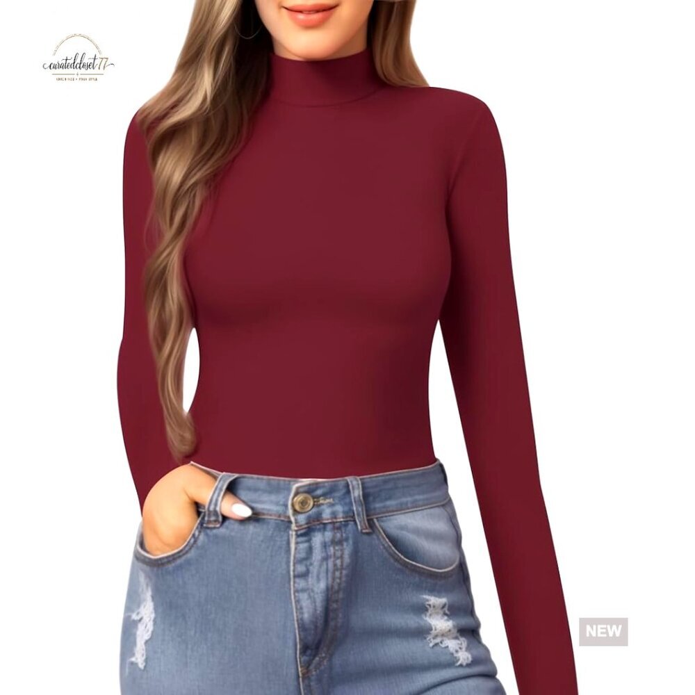 Slim Fit Mock Neck Long Sleeve Tee - 90% Cotton Stretch Basic Top